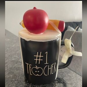 RAE DUNN MUG #1 TEACHER PENCIL & APPLE TOPPER LID SOLID MATTE BLACK NEW